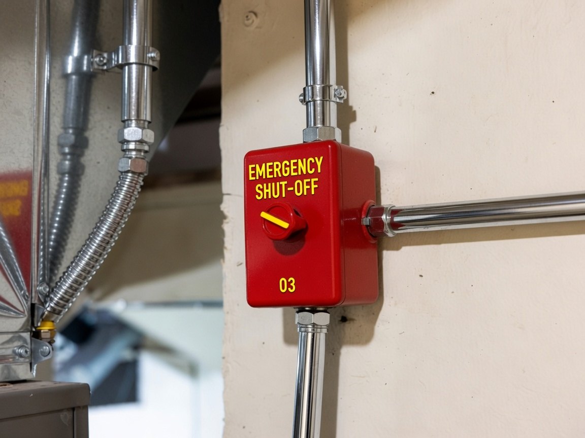 A red wall-mounted emergency shut-off switch with yellow lettering beside the ductwork and flexible conduit of a basement heating unit