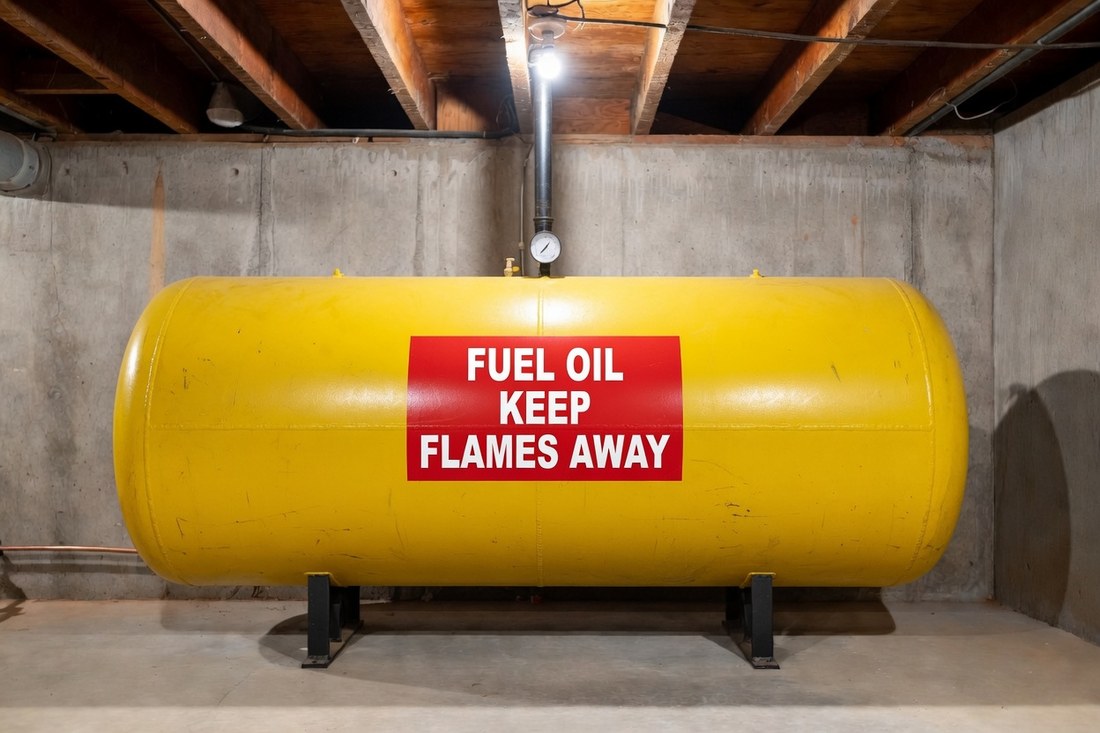 A large steel heating oil tank standing on short legs against the concrete wall of a home basement, painted yellow and carrying a red sign reading FUEL OIL KEEP FLAMES AWAY, with a gauge on top and a copper fuel line running from it along the wall