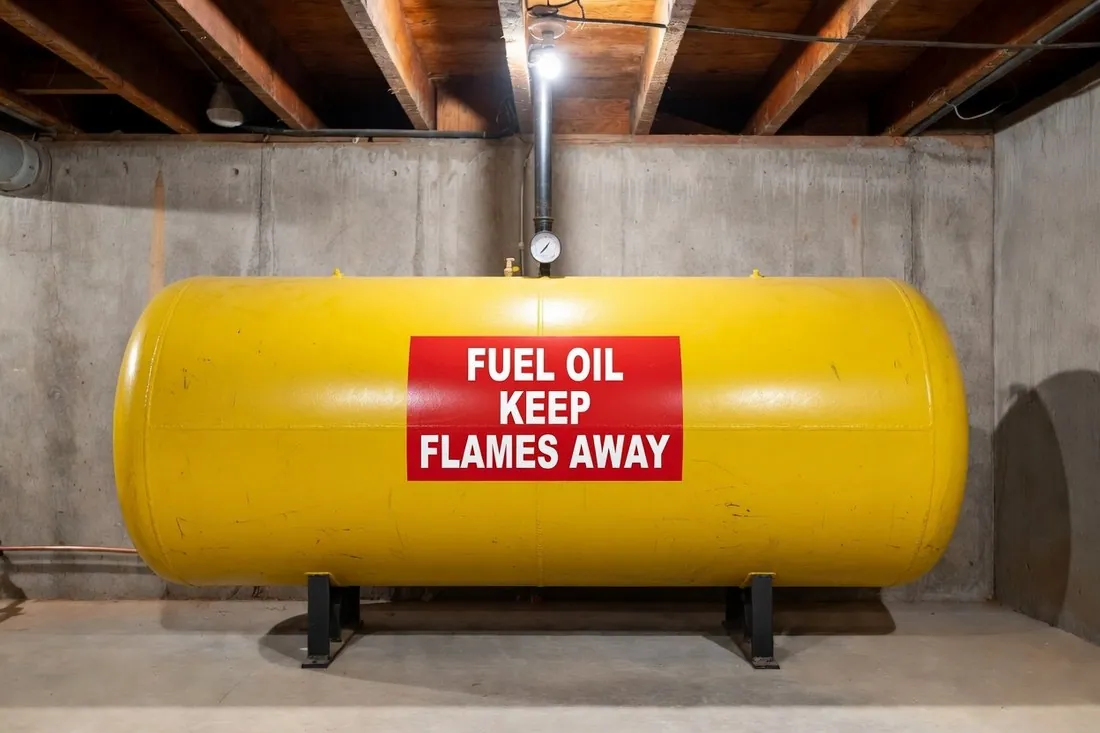 A large steel heating oil tank standing on short legs against the concrete wall of a home basement, painted yellow and carrying a red sign reading FUEL OIL KEEP FLAMES AWAY, with a gauge on top and a copper fuel line running from it along the wall