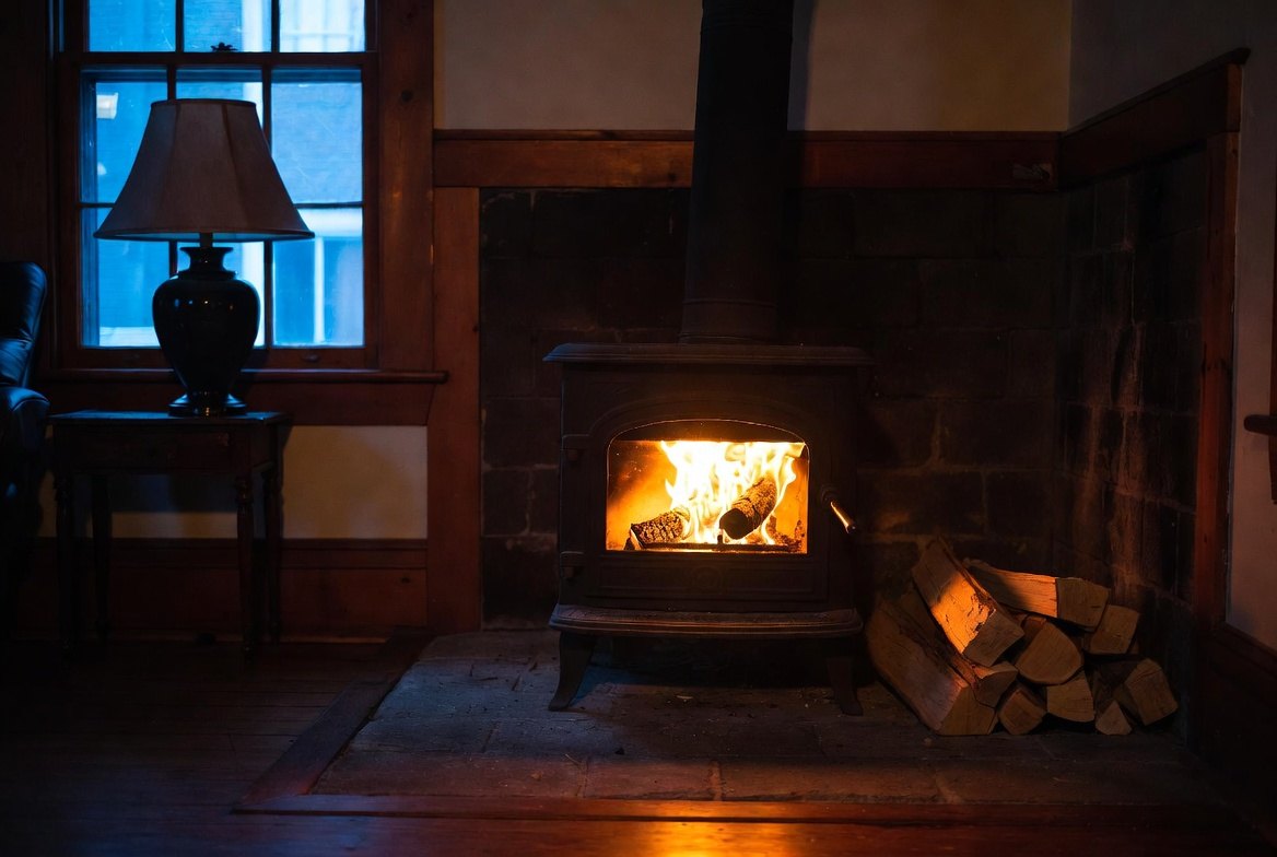 A cast iron wood stove burning behind glass in an old timber-framed room at night, with split firewood stacked on the hearth beside it and a lamp lit on a side table