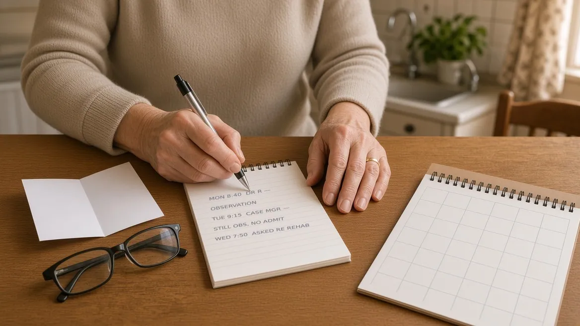 An older woman writing at a kitchen table on a spiral notepad, the page reading Monday 8:40am asked the doctor, told observation, Tuesday 11:15am asked again still observation, Wednesday 9:00am case manager no admit order, with reading glasses and a blank calendar beside her