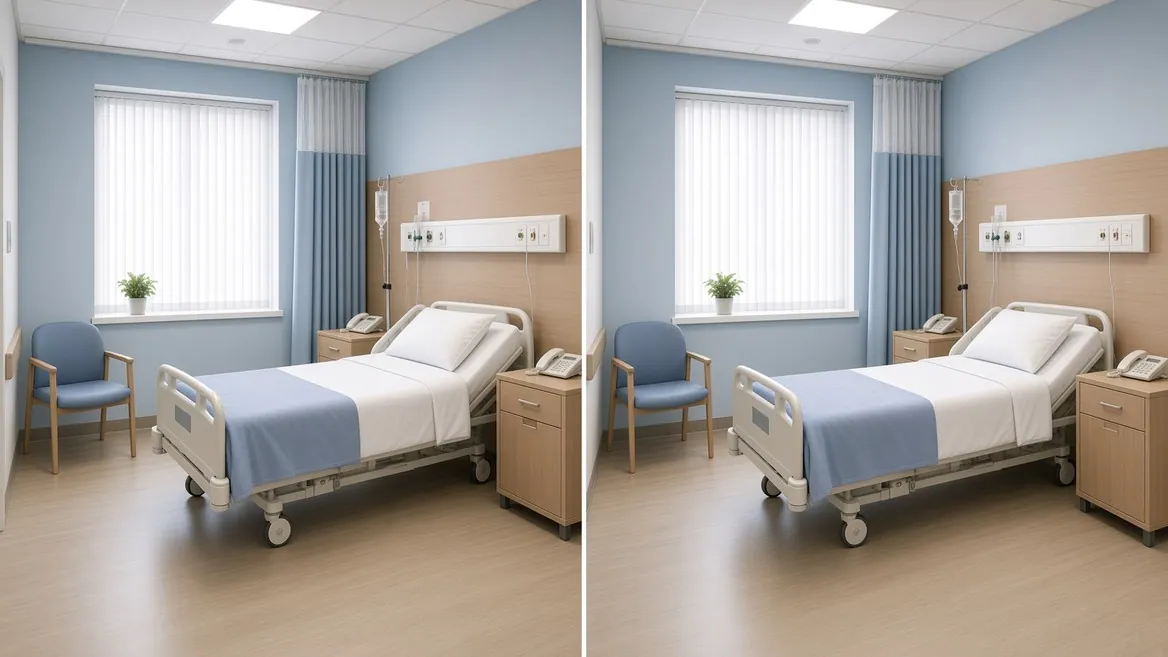 Two identical hospital rooms side by side in a single frame β same bed, same blanket, same IV pole, same chair by the window, indistinguishable from one another