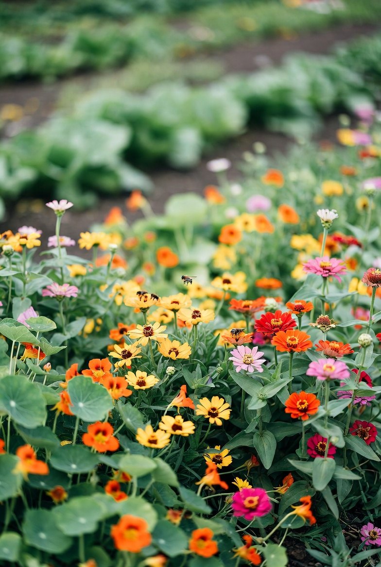 A dense mixed border of nasturtiums, calendula and zinnias in bloom along the edge of a vegetable bed, bees working the flowers