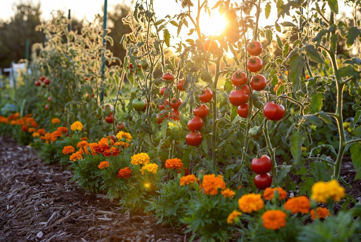 A row of orange and yellow marigolds planted along the base of staked tomato plants heavy with ripe fruit, low evening sun behind them