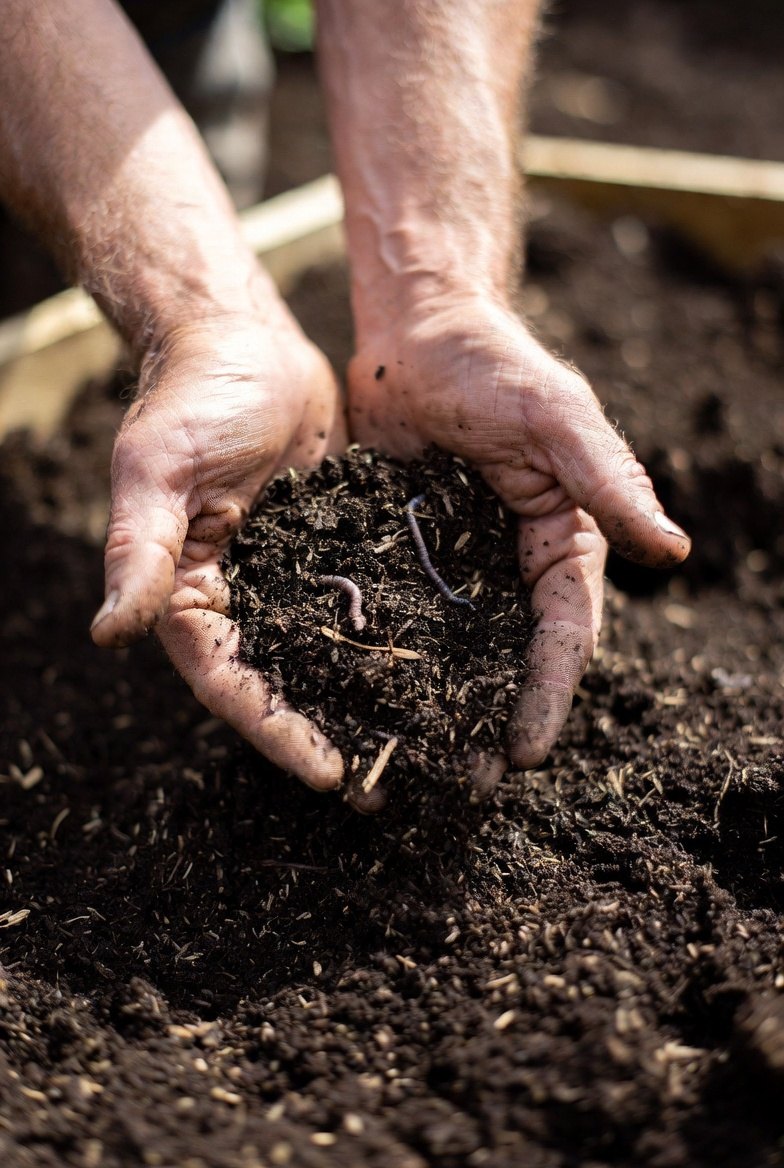 Weathered hands cupping a double handful of dark crumbly compost over a raised garden bed, an earthworm visible in the soil