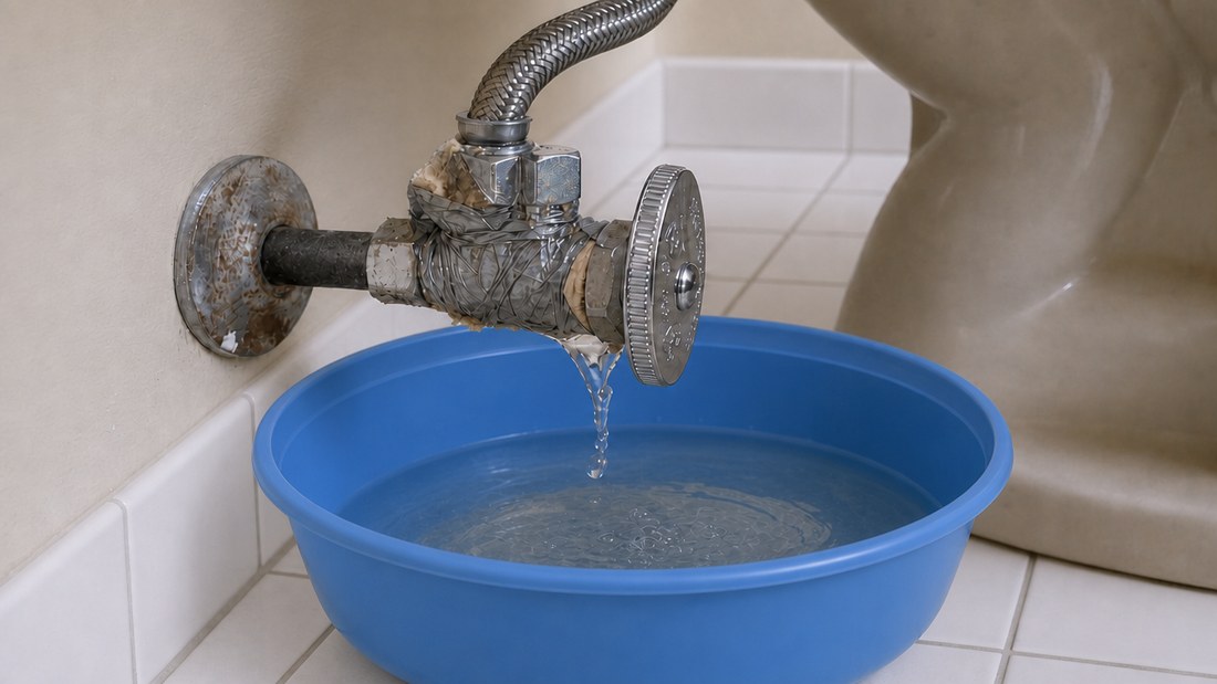 A corroded multi-turn shutoff valve on a tiled bathroom wall beside a toilet, its braided supply line above it, dripping steadily into a blue plastic basin set on the floor underneath