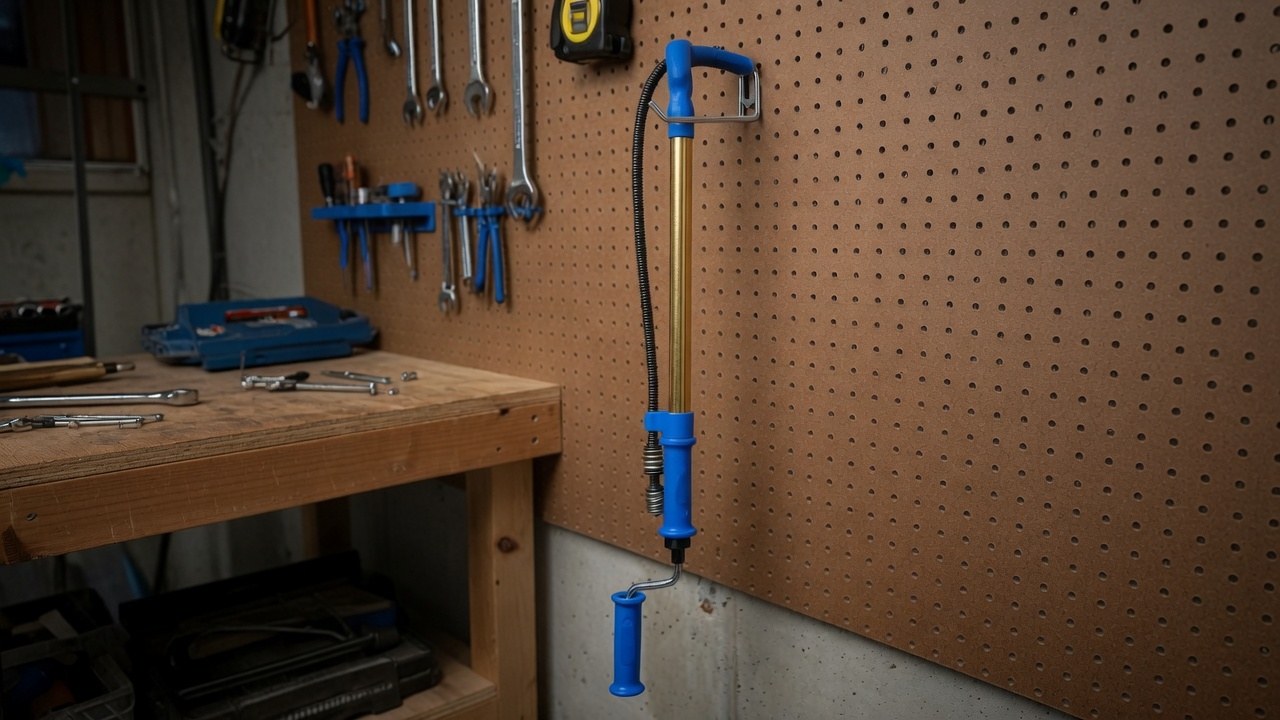 A closet auger hanging on a workshop pegboard, showing the rigid tube, the crank handle and the protective sleeve over the cable