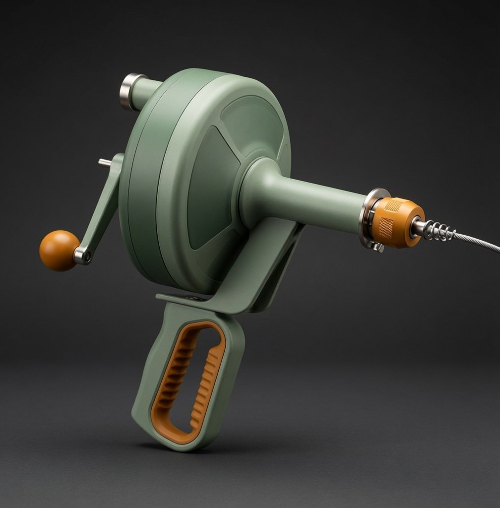 A hand-cranked drum auger with the steel cable and boring head emerging from the housing