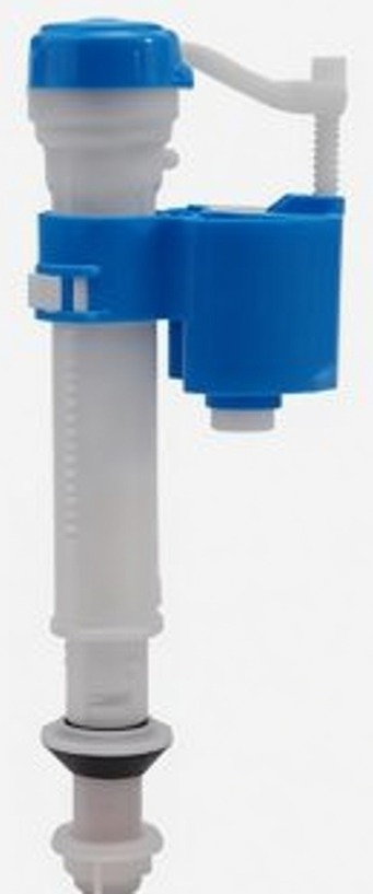 A toilet fill valve standing on its threaded shank: a tall column with a cap on top, a float cup clipped around it, a refill tube arm reaching off to one side, and a rubber washer and nut at the base