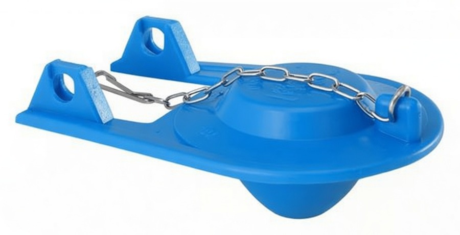 A toilet flapper lying on its side: a domed rubber seal on a flat ring, with an arm and hole either side that clip onto pegs, and a metal chain attached to the top