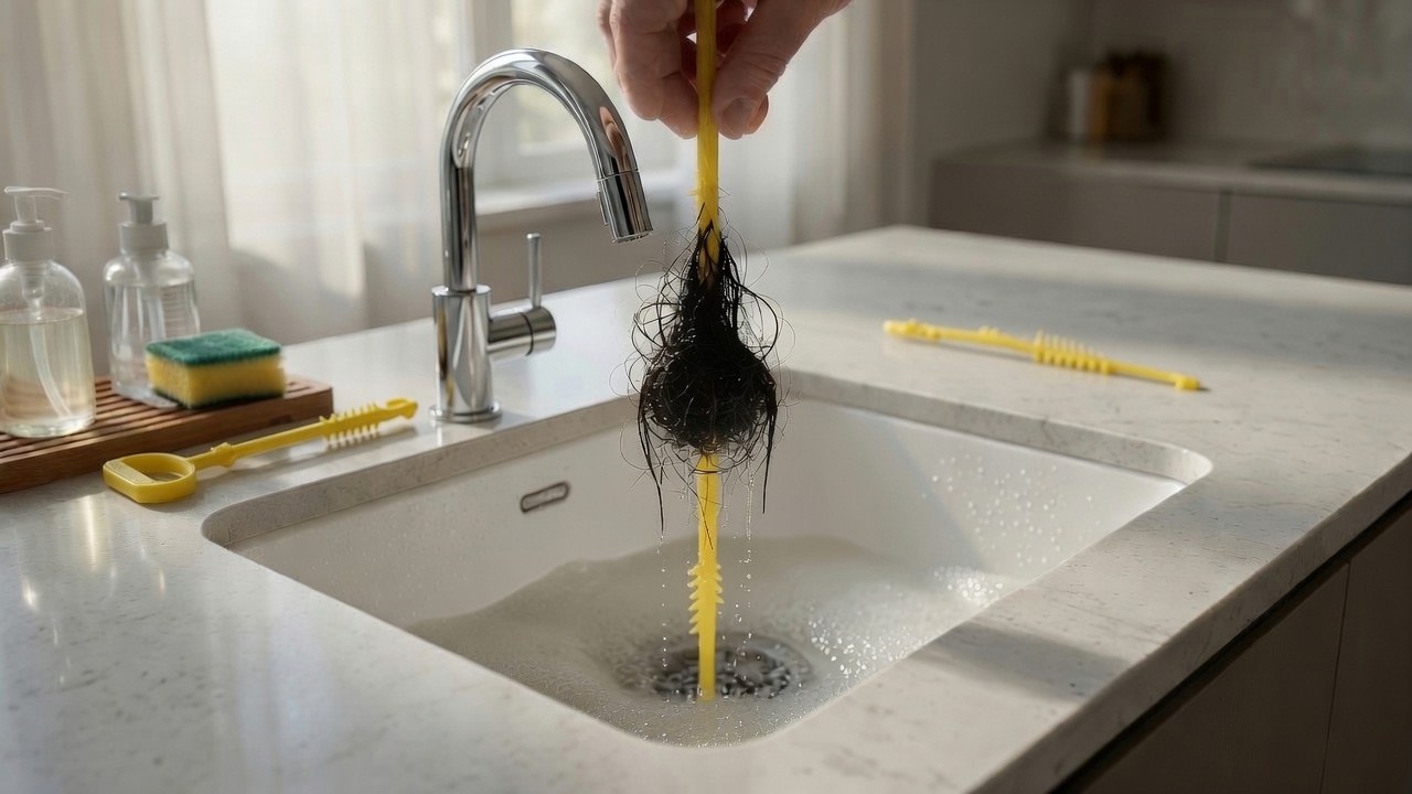A hand drawing a barbed plastic strip up out of a sink drain with a large mass of hair caught on the barbs