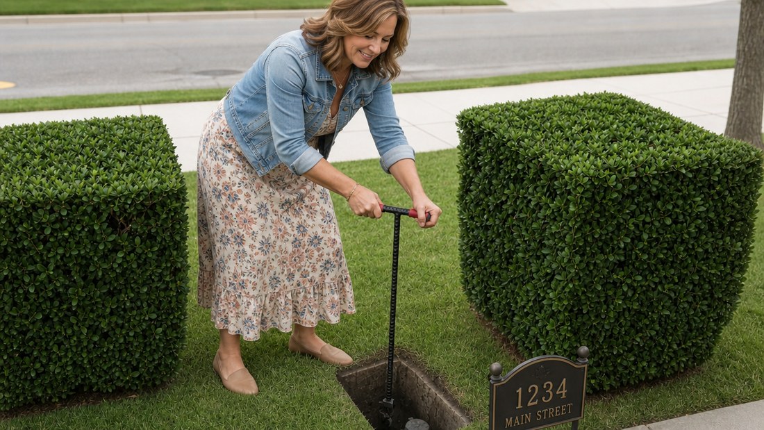 A woman standing on the grass beside an open water meter box at the kerb, both hands on the T-handle of a long steel meter key that reaches down into the box