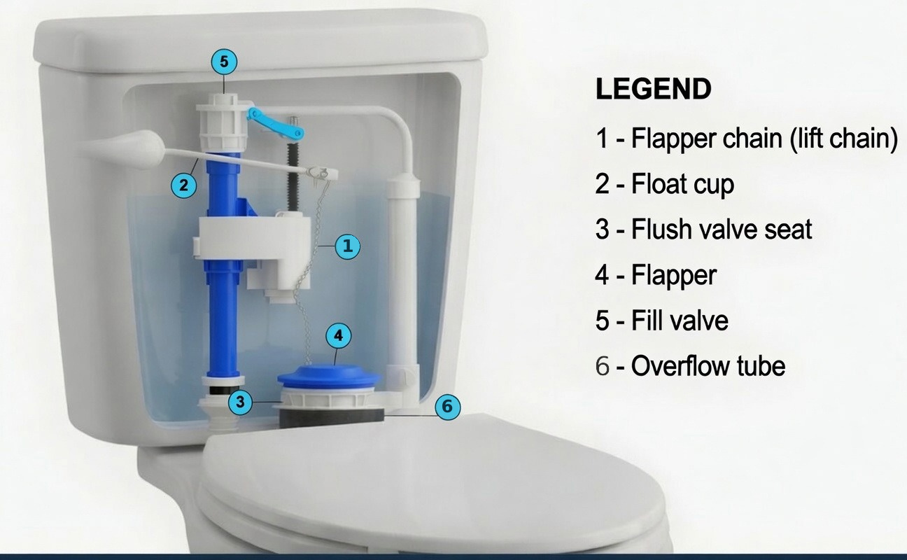 A cutaway view of a toilet tank showing the numbered internal parts: the flapper chain, the float cup, the flush valve seat, the flapper, the fill valve and the overflow tube, with a legend naming each one