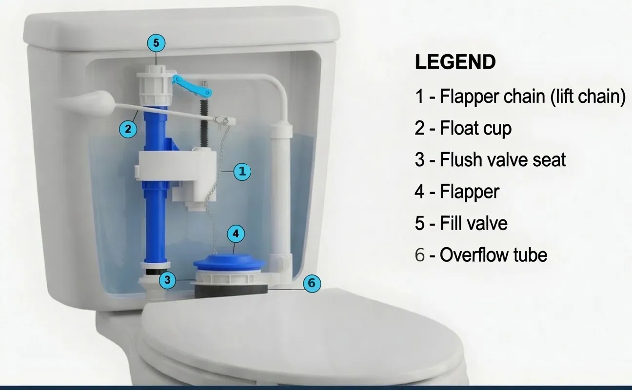 A cutaway view of a toilet tank showing the numbered internal parts: the flapper chain, the float cup, the flush valve seat, the flapper, the fill valve and the overflow tube, with a legend naming each one
