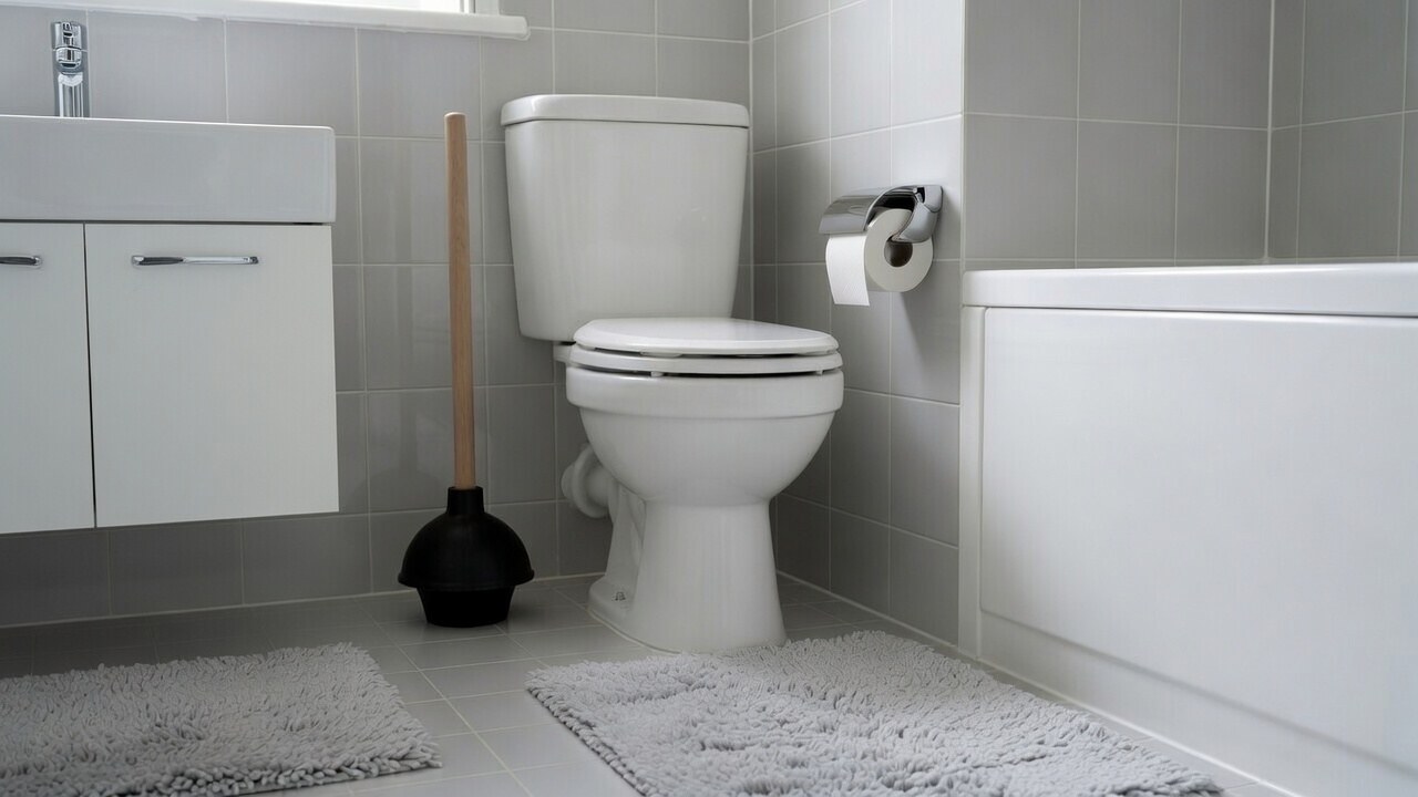 An ordinary bathroom with the toilet between the vanity and the tub, and a plunger with a wooden handle standing on the floor beside it