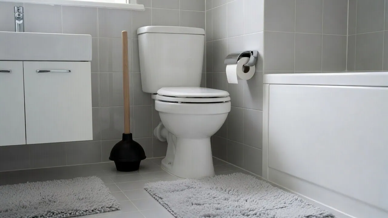 An ordinary bathroom with the toilet between the vanity and the tub, and a plunger with a wooden handle standing on the floor beside it