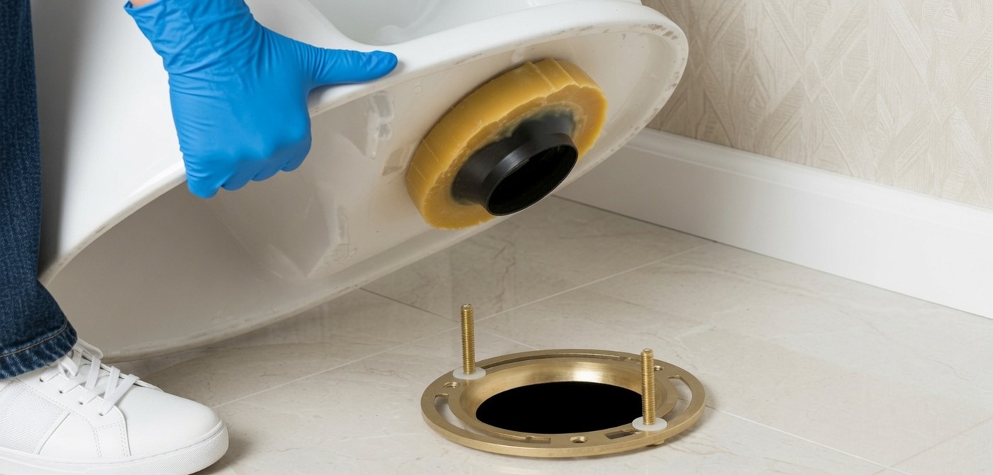 A toilet bowl tipped up with a new wax ring already seated around the outlet on its underside, being lowered towards the brass floor flange and its two upright bolts
