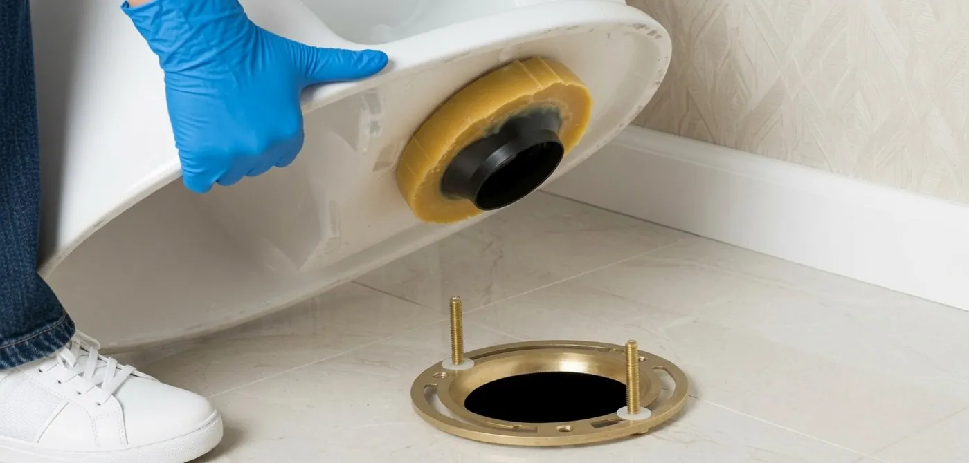 A gloved hand tipping a toilet back to show the yellow wax ring stuck to its underside, above a brass drain flange with two bolts on a tile floor