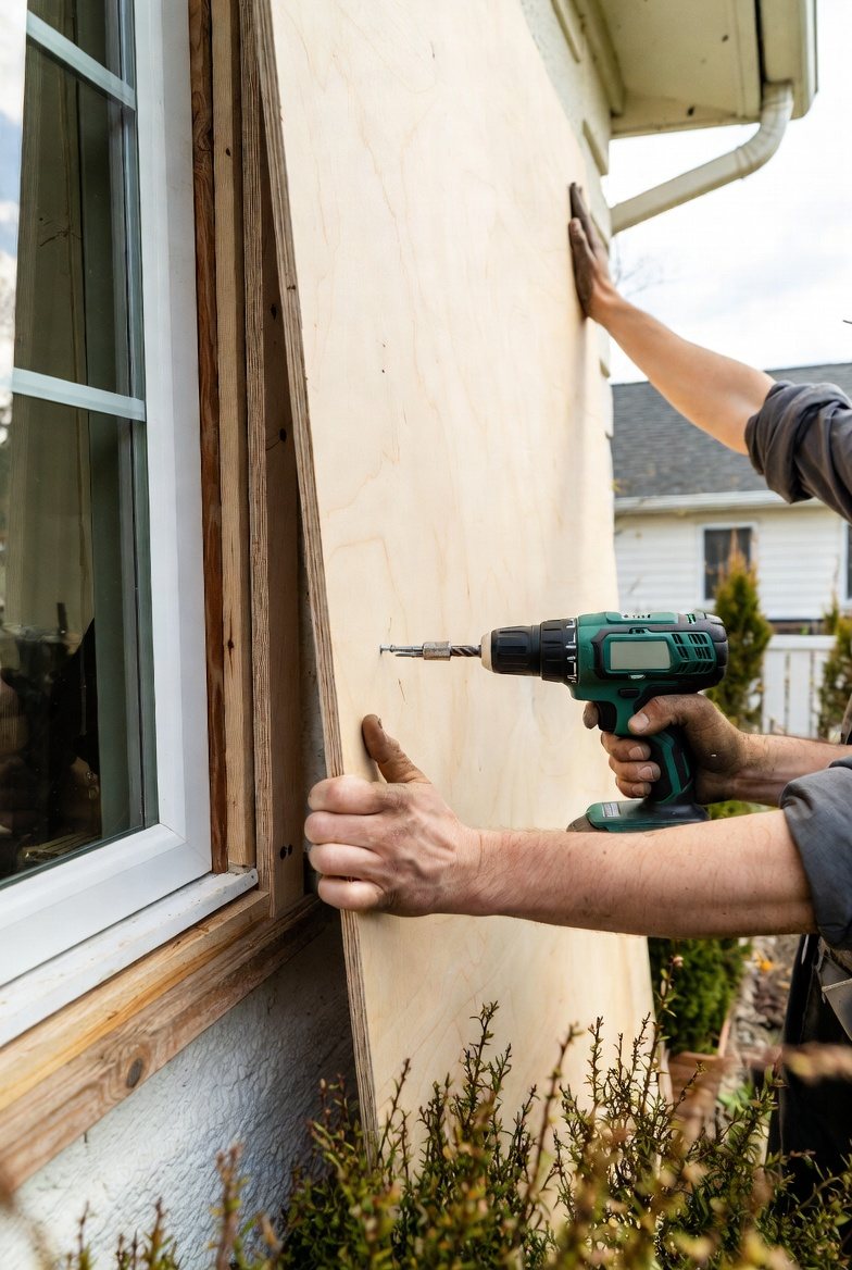 Two hands holding a sheet of plywood against a house window while a cordless drill drives a screw through it