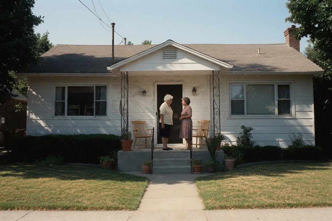 Two older women standing talking at the open front door of a small bungalow in hard summer light, the front lawn burnt yellow and dry