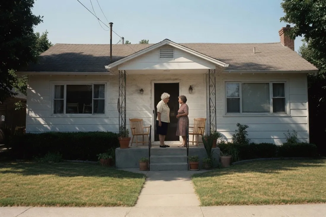 Two older women standing talking at the open front door of a small bungalow in hard summer light, the front lawn burnt yellow and dry
