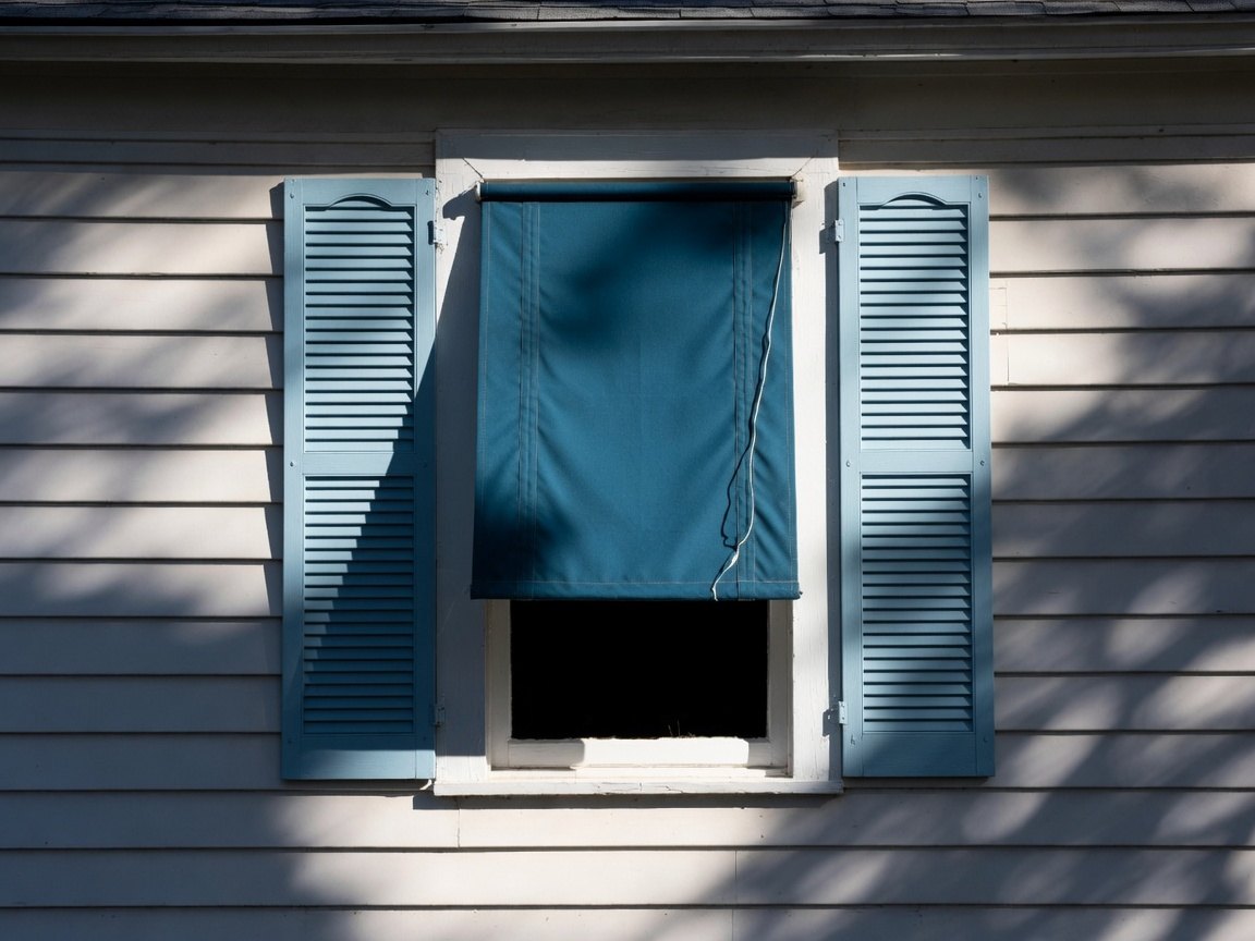An exterior window of a pale clapboard house with a canvas roller awning pulled down over the glass and louvred shutters open on either side, in bright hard sunlight