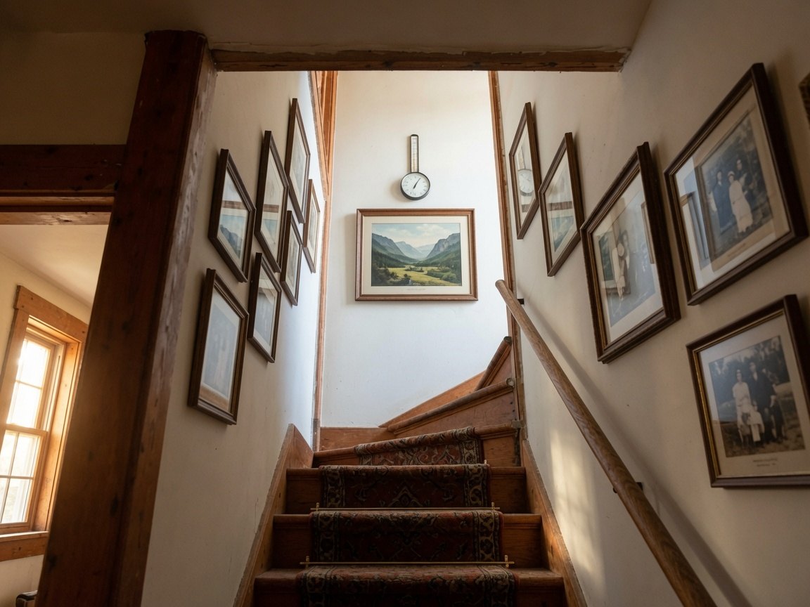 A round wall thermometer hanging in an old house stairwell above framed family photographs, in warm indoor light