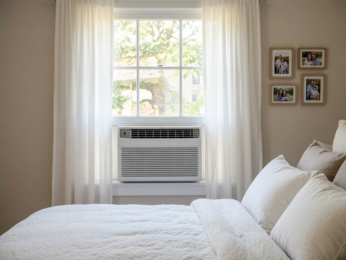 A single window air-conditioning unit fitted into the lower sash of a bedroom window with light curtains drawn back on either side and a made bed in the foreground