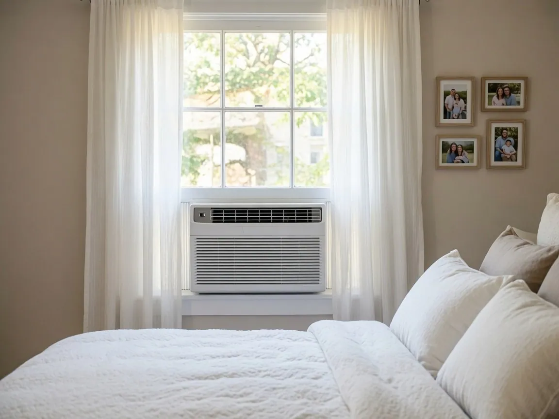 A single window air-conditioning unit fitted into the lower sash of a bedroom window with light curtains drawn back on either side and a made bed in the foreground