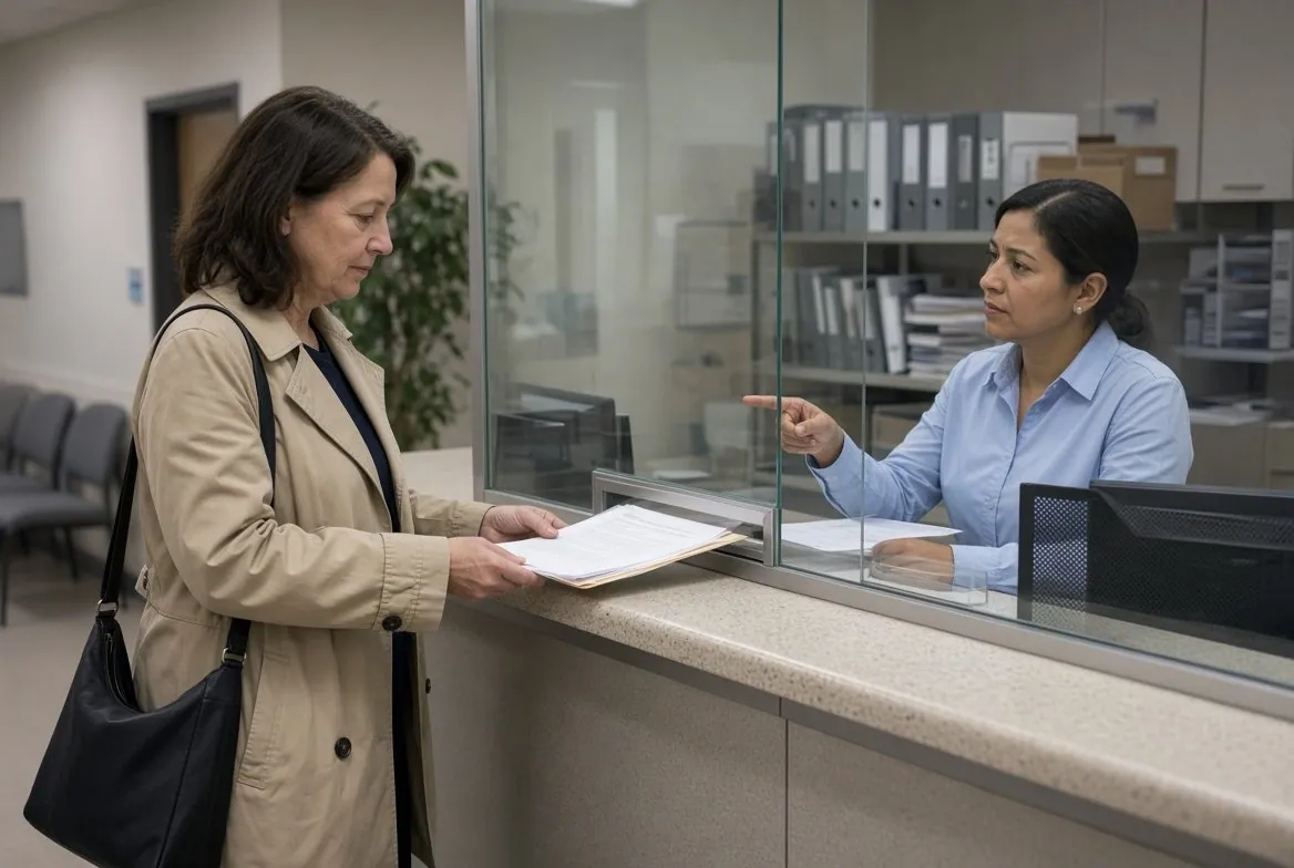 A woman at a government-style service counter sliding a folder of papers under the glass while the clerk on the other side points her toward a different form