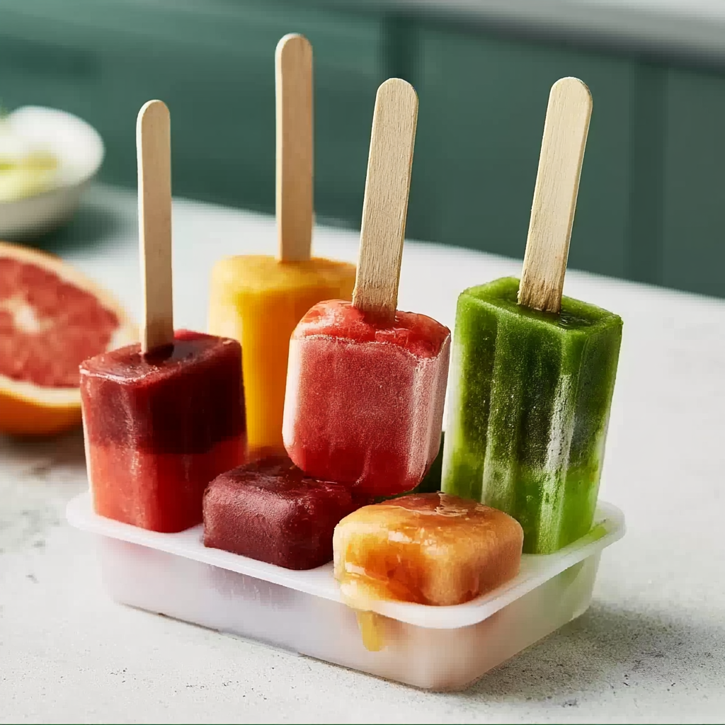 Colorful homemade fruit juice popsicles with wooden craft sticks in an ice tray mold on a kitchen counter