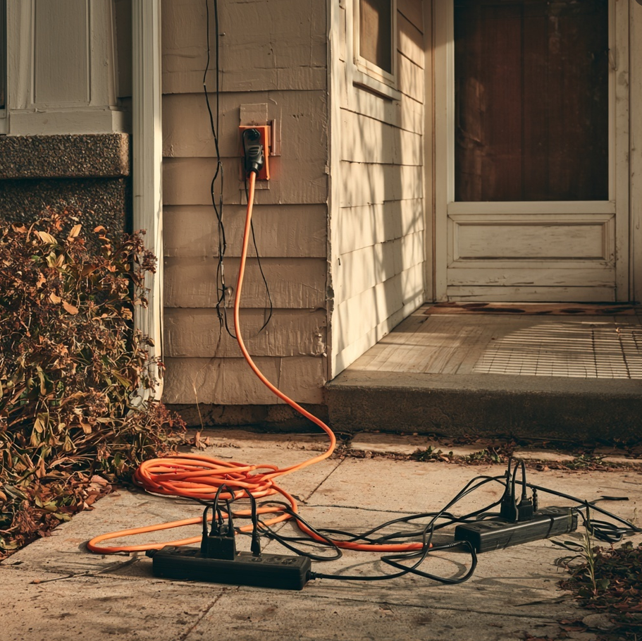 Orange extension cord plugged into a front porch exterior outlet, running down to two black power strips on the concrete with multiple black cables plugged in