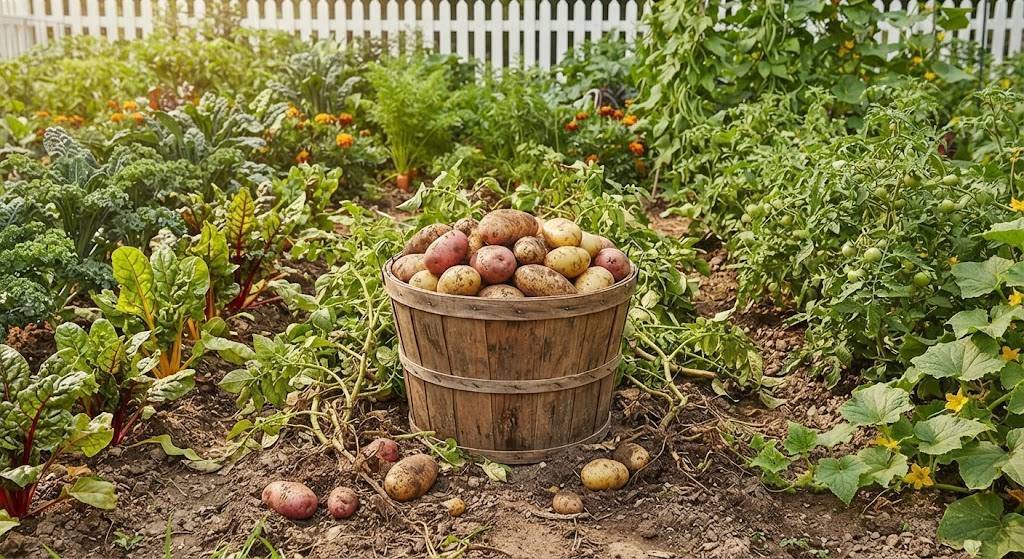 Wooden bushel basket overflowing with mixed red and white potatoes in a lush vegetable garden