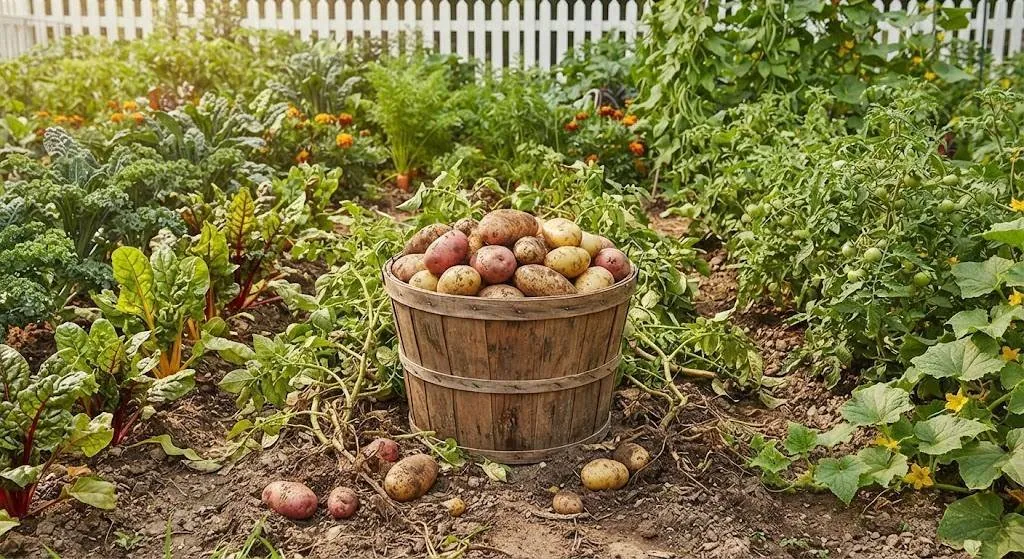 Wooden bushel basket overflowing with mixed red and white potatoes in a lush vegetable garden