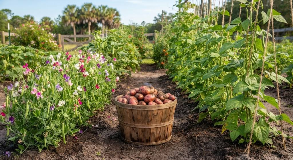 Bushel basket of freshly harvested red potatoes in a Florida garden path, palm trees in background, pole beans and sweet peas growing on both sides