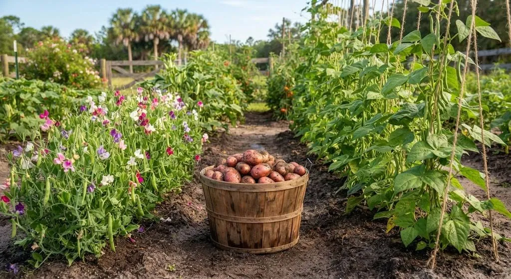 Bushel basket of freshly harvested red potatoes in a Florida garden path, palm trees in background, pole beans and sweet peas growing on both sides
