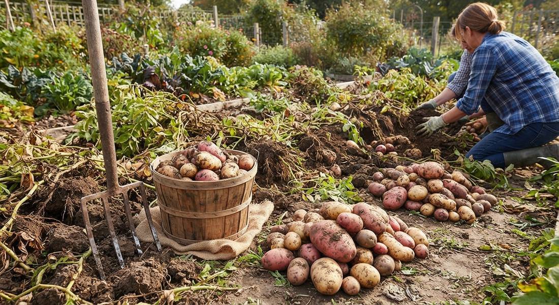 Woman harvesting potatoes in a garden, digging up mixed red and yellow varieties, wooden bushel basket and pitchfork beside her