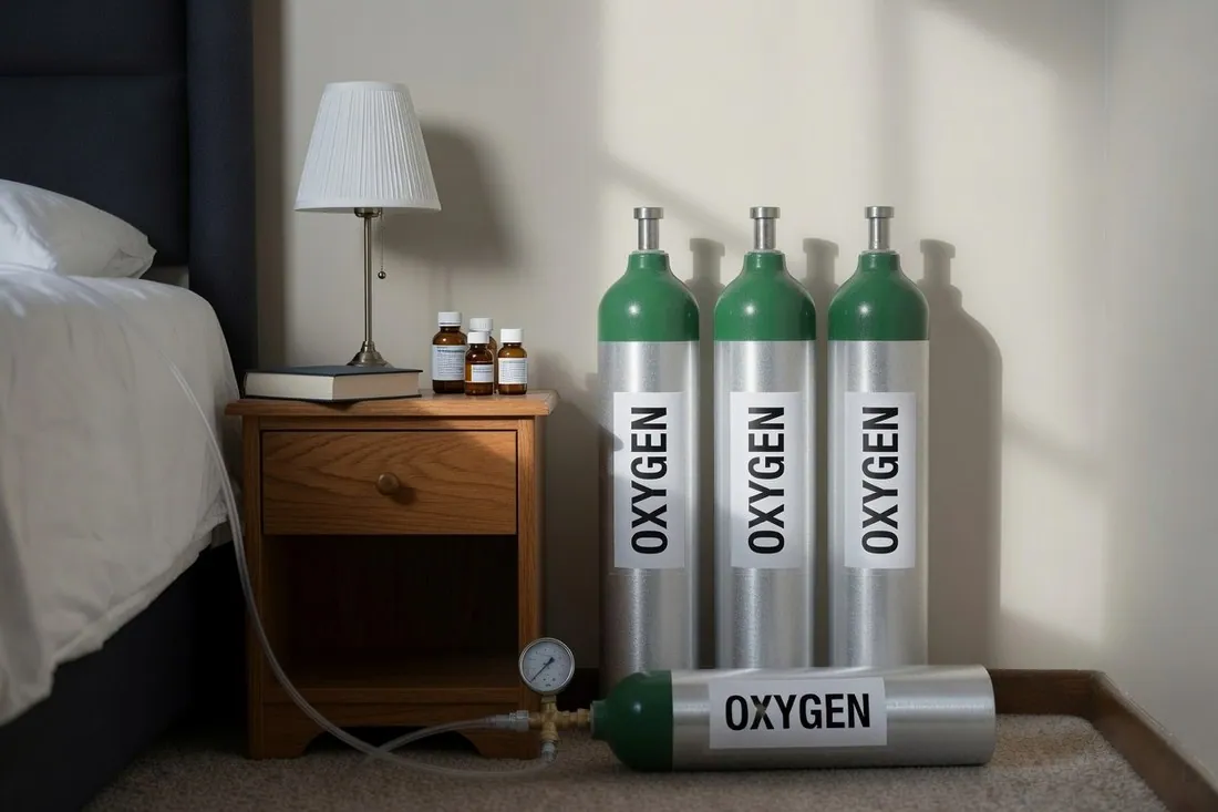 Four portable oxygen cylinders standing in the corner of a bedroom beside a nightstand, a fifth lying on its side on the floor, a regulator and gauge attached