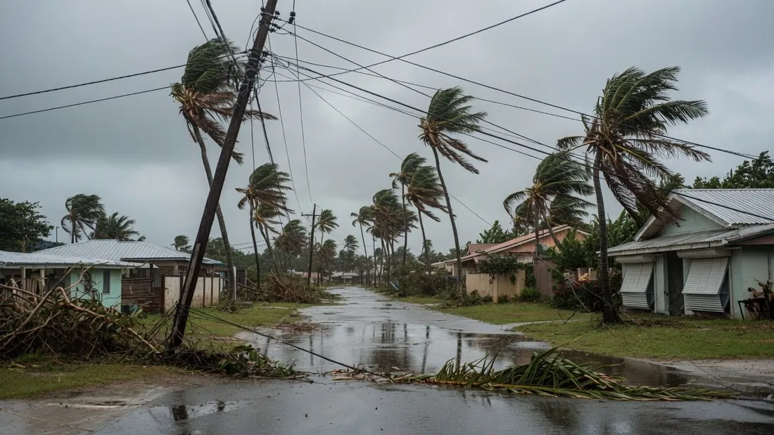 A residential street in the tropics after a hurricane, palms stripped and bent, a leaning pole with power lines down across the wet road, houses shuttered