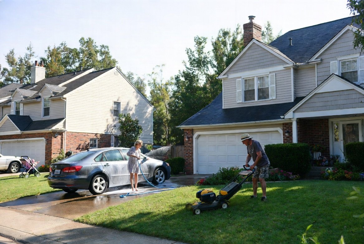 A suburban street on a weekend morning, one household mowing and washing a car in front of their own house while the neighboring houses sit quiet