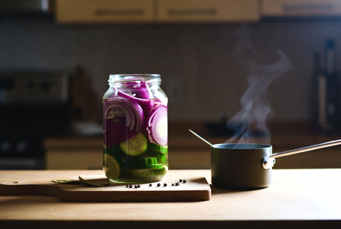 A glass jar of sliced red onion and cucumber in clear brine on a wooden board, beside a small saucepan with steam rising, a few peppercorns and a bay leaf scattered in front