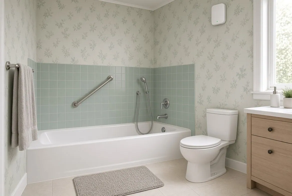 An ordinary bathroom with a tub, a grab bar and a toilet, and a small plain white radar sensor with a green status light mounted high on the wall near the ceiling