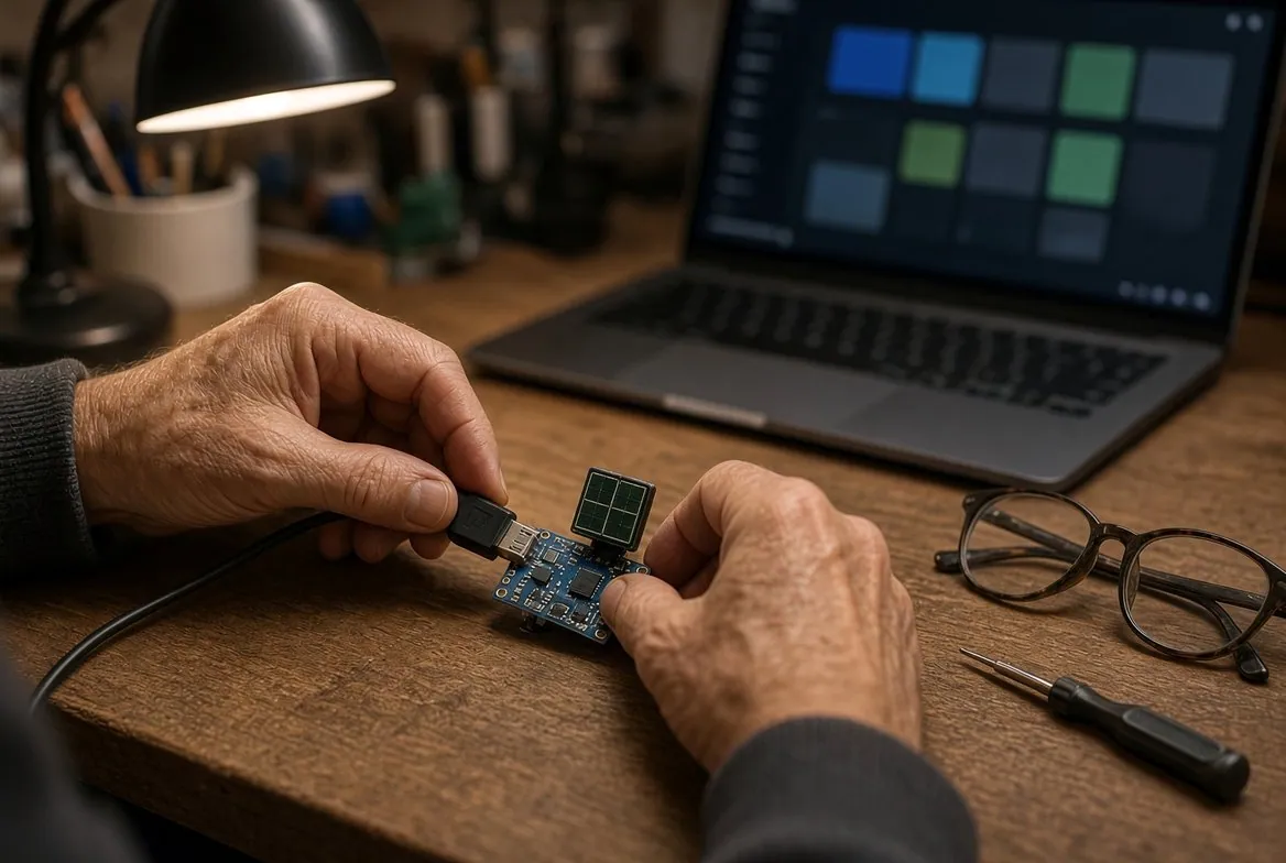 An older man's hands plugging a USB cable into a small blue circuit board with a square radar sensor module on top, reading glasses and a small screwdriver on the bench and a laptop behind