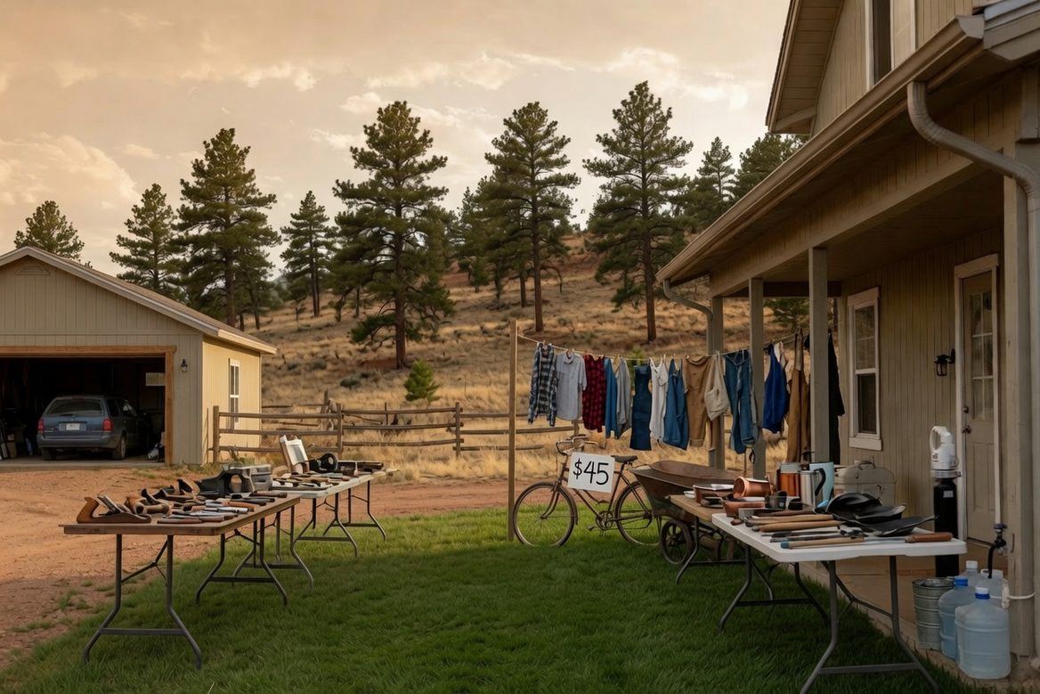 A yard sale on a rural property at the end of the day: folding tables of hand tools and cast iron, clothes on a line, a wheelbarrow and an old bicycle with a hand-lettered price sign