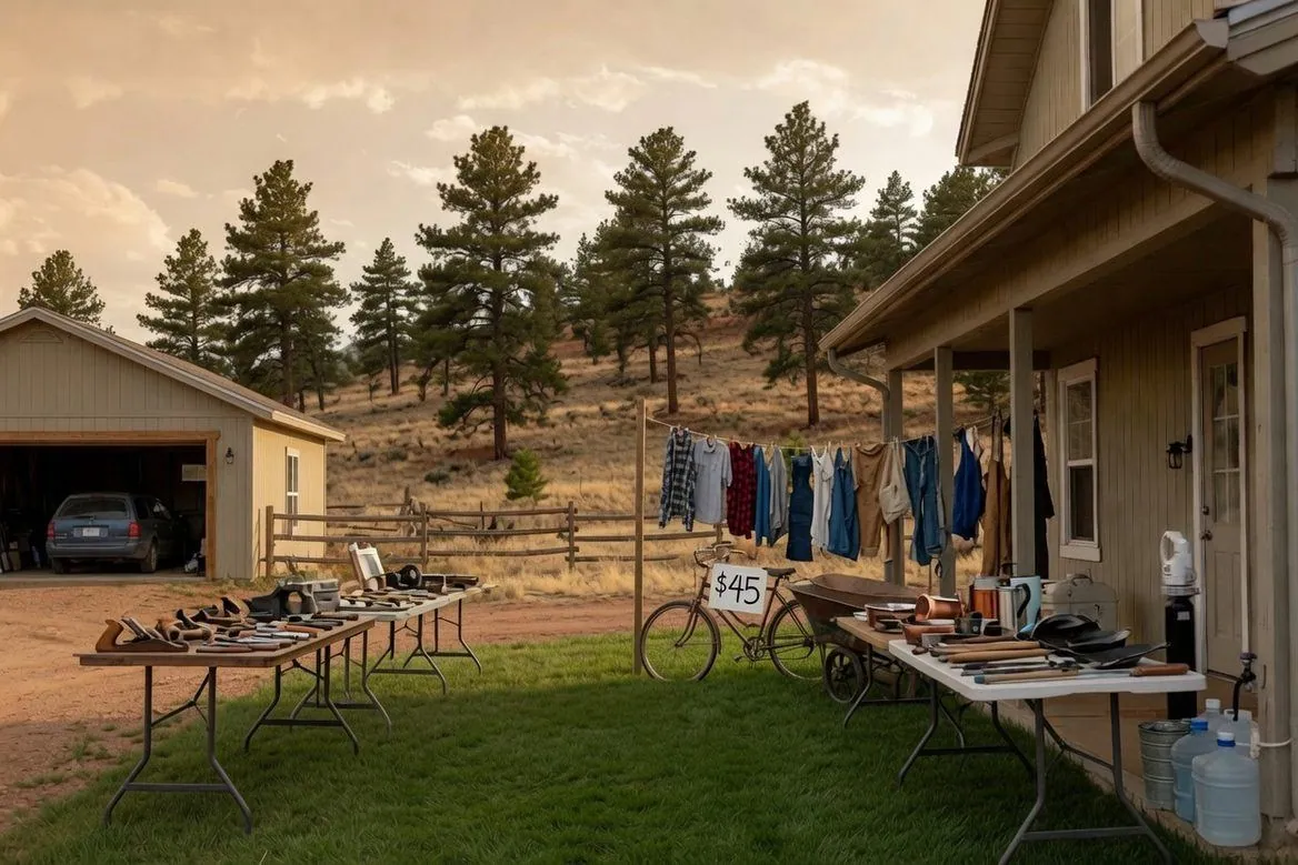 A yard sale on a rural property at the end of the day: folding tables of hand tools and cast iron, clothes on a line, a wheelbarrow and an old bicycle with a hand-lettered price sign