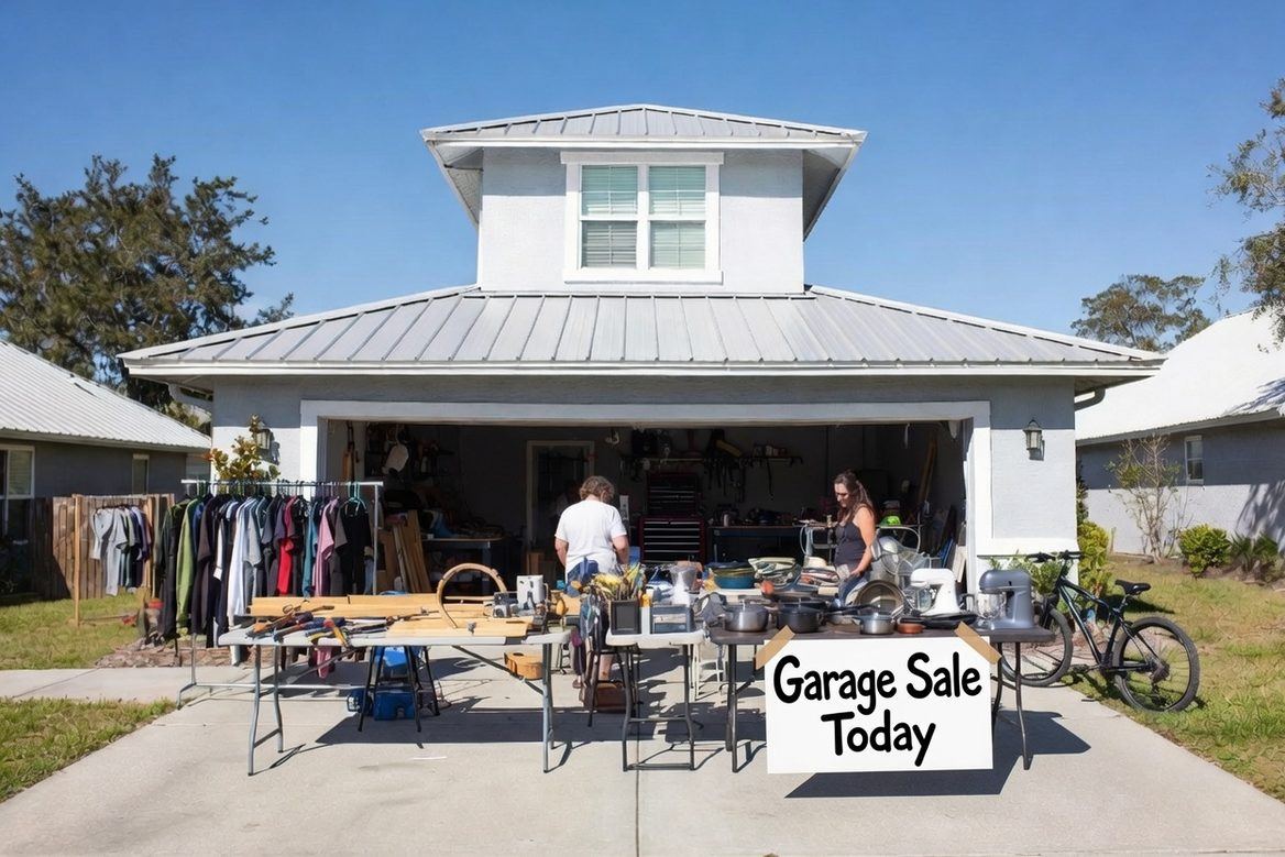 A driveway sale in front of an open garage on a bright day, tables of tools and kitchenware out front and a red tool chest still standing inside the garage