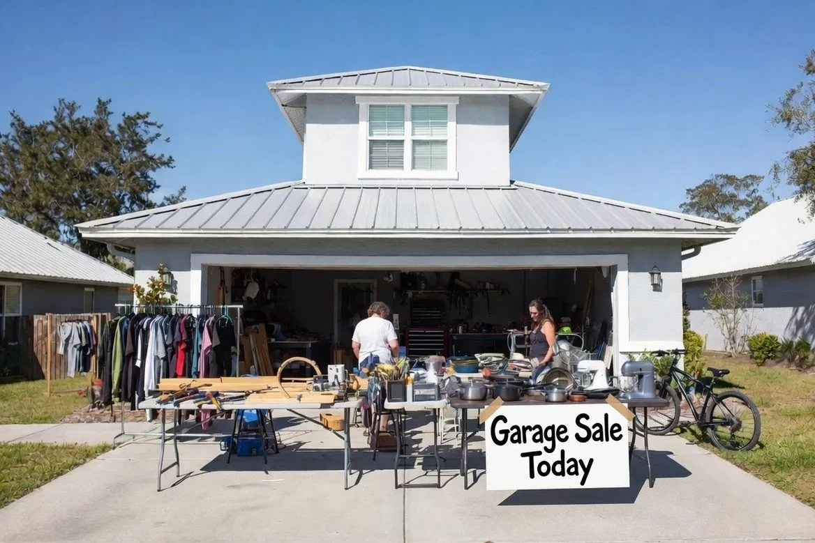 A driveway sale in front of an open garage on a bright day, tables of tools and kitchenware out front and a red tool chest still standing inside the garage