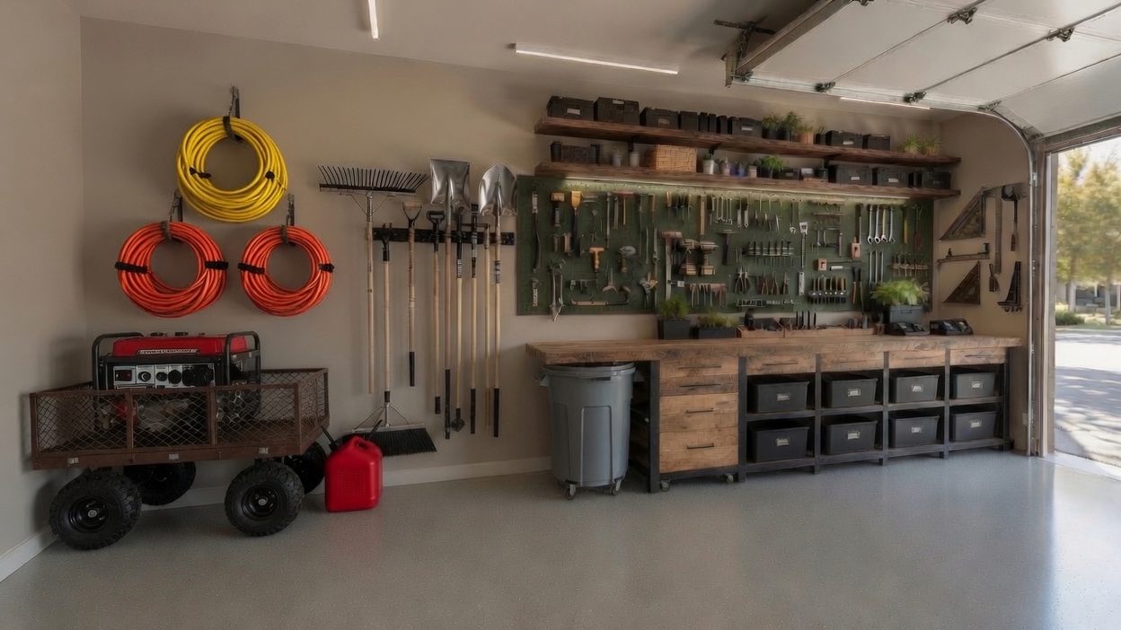 A home garage fitted out for work: a pegboard of hand tools over a timber bench, framing and speed squares hung on the wall beside it, long-handled tools racked along the wall, coiled hoses and cords, and a generator on a cart