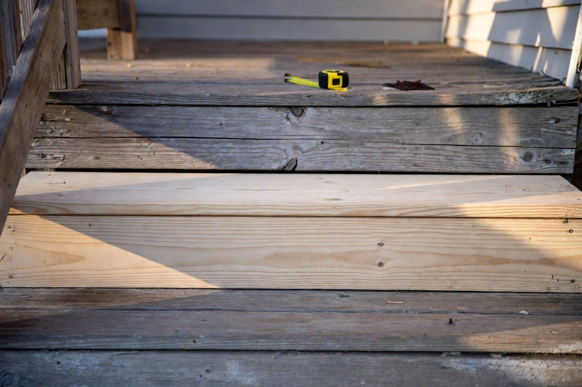 A set of grey weathered wooden porch steps with one fresh new board fitted into the middle tread, a tape measure and a handful of screws on the step above