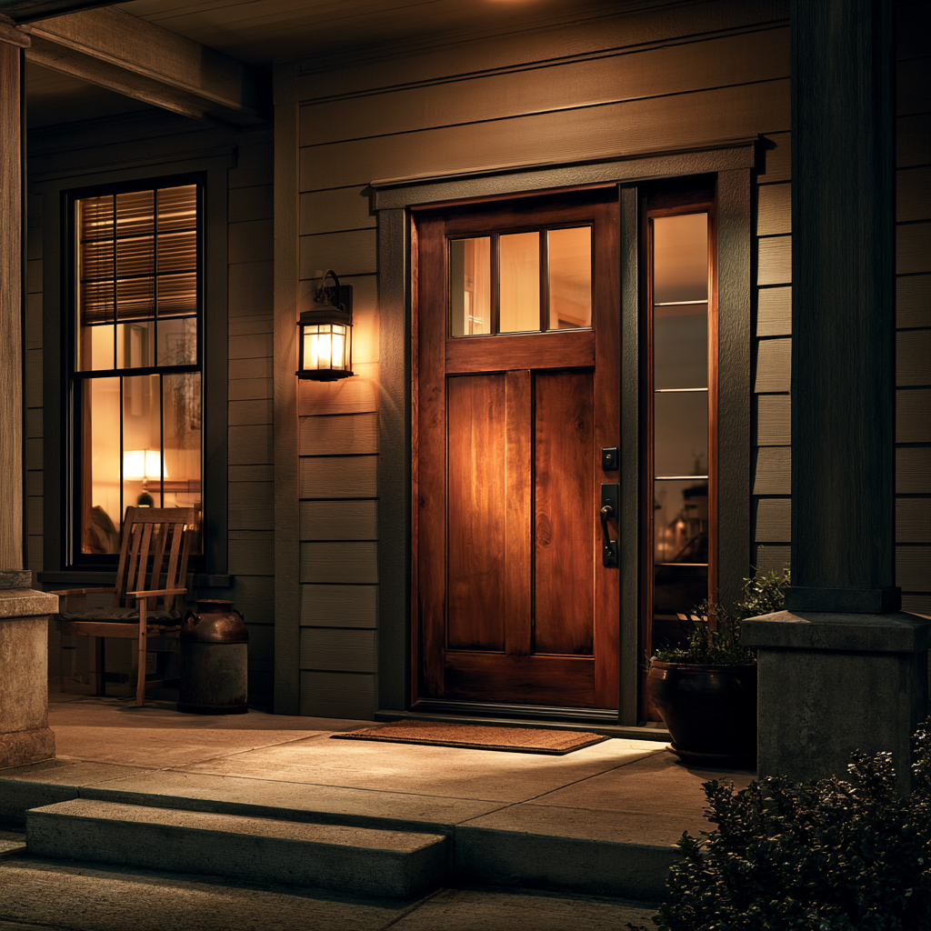 Solid wooden front door with warm porch light glowing at night, secure and locked